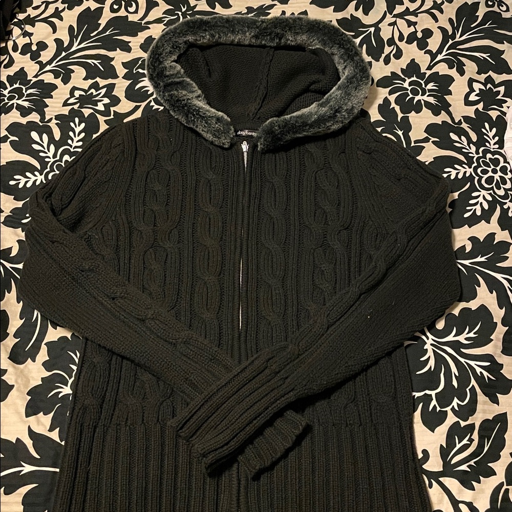 Daisy Fuentes hooded cable knit zip up cardigan